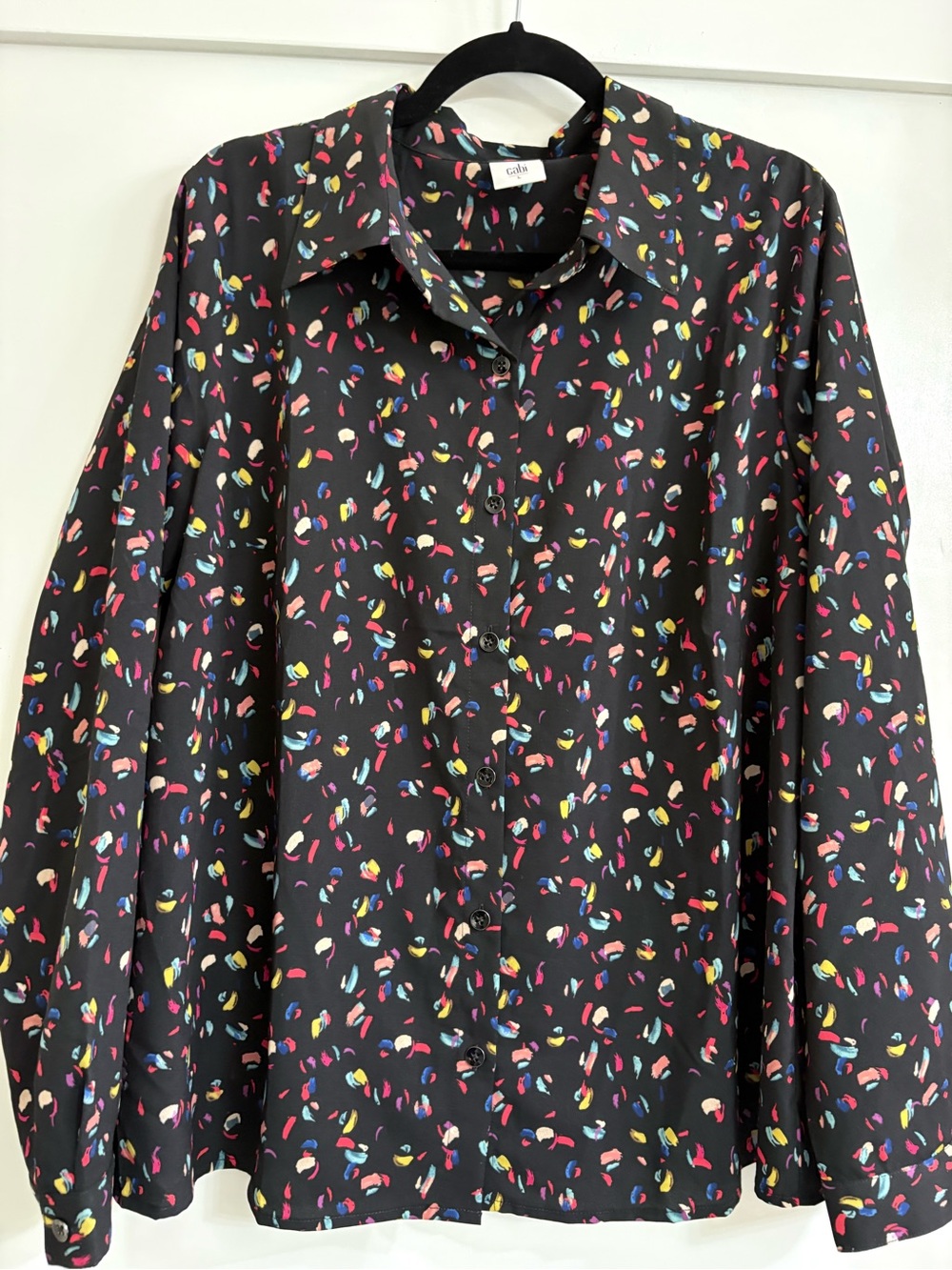 CAbi Black Blouse with Multicolor Confetti Brushstroke Print